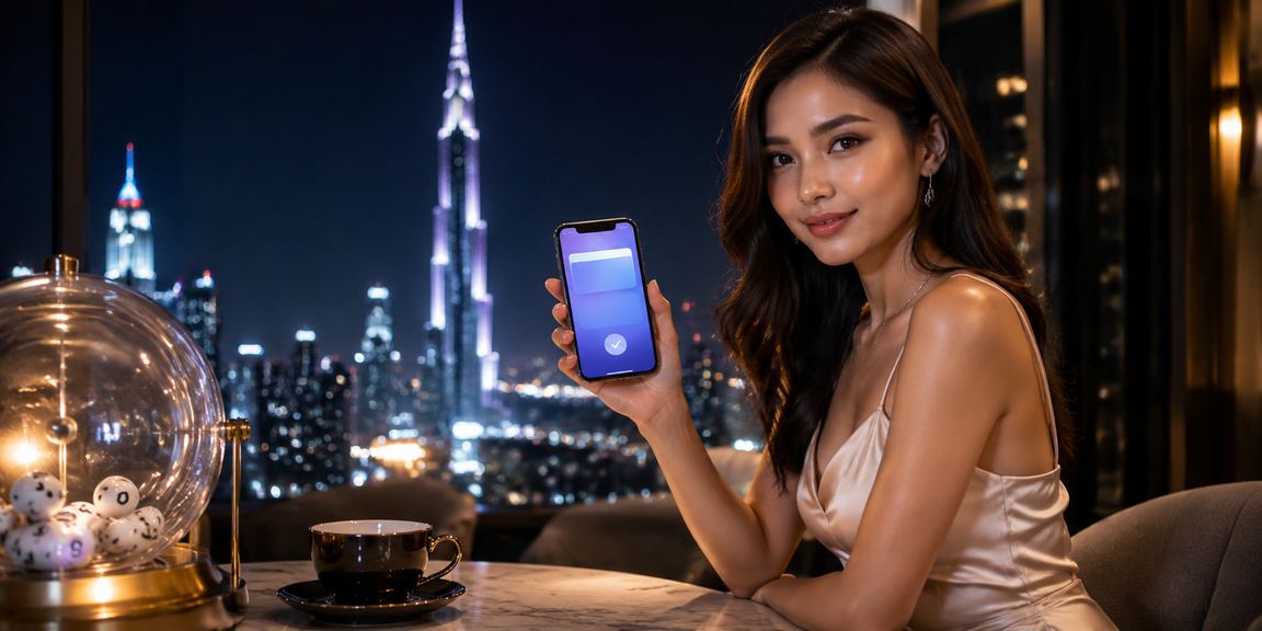 Paparan loteri gaya Kuala Lumpur dengan nombor dan tiket berlatarkan bandar raya