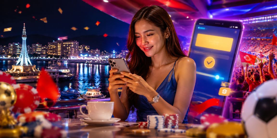 Paparan slot kasino mudah alih bergaya Malaysia dengan grafik berwarna neon